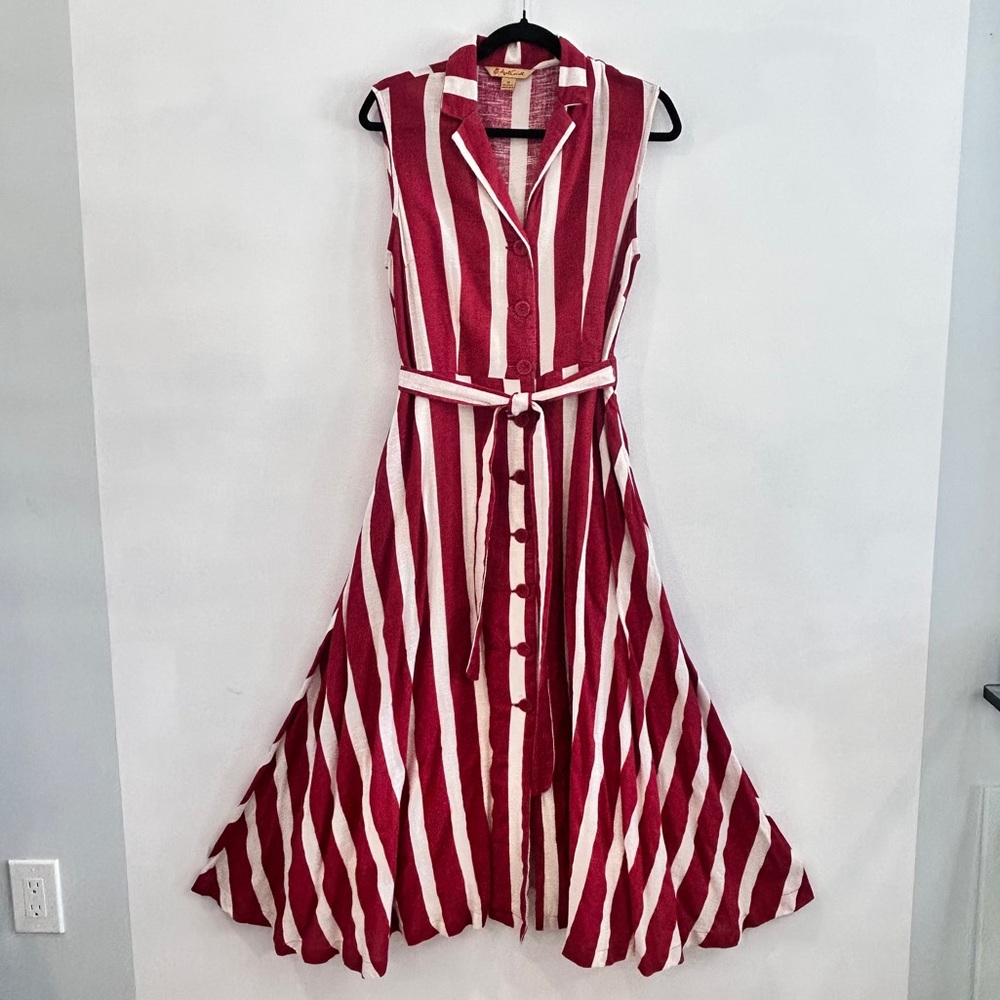April Cornel Striped Cotton Weave Sleeveless Button Front Midi Twirl Dress - Picture 6 of 15